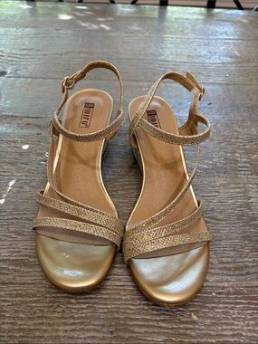 Metallic Gold Glitter Wedge Sandals with Adjustable Ankle Strap